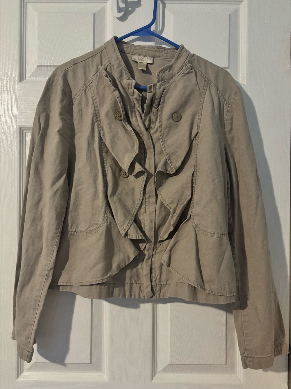 LOFT Taupe Ruffle-Front Jacket